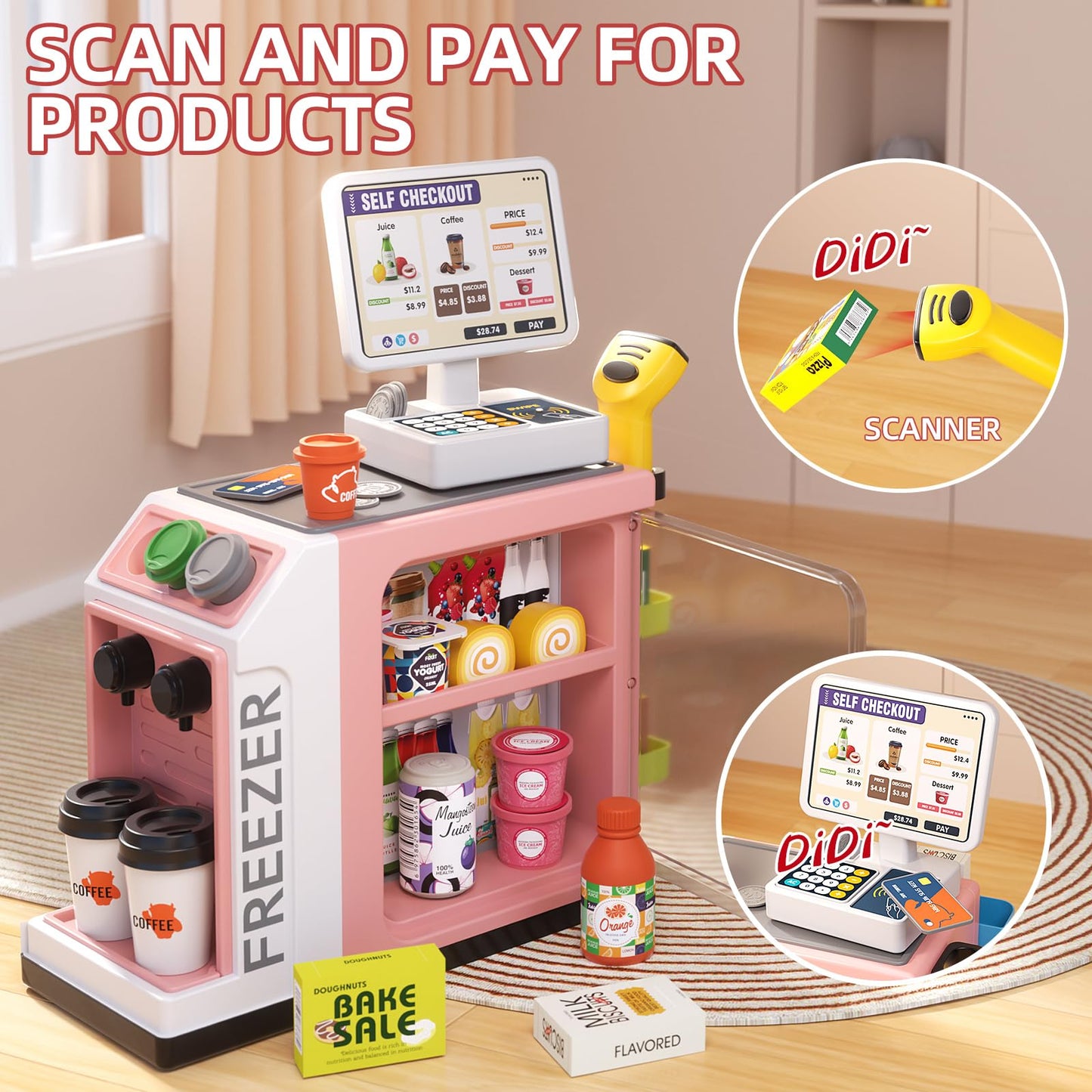Jovow 48-Piece Pretend Play Cash Register Set with Water Outlet — 2-in-1 Grocery & Coffee Shop (Pink), Ages 3+