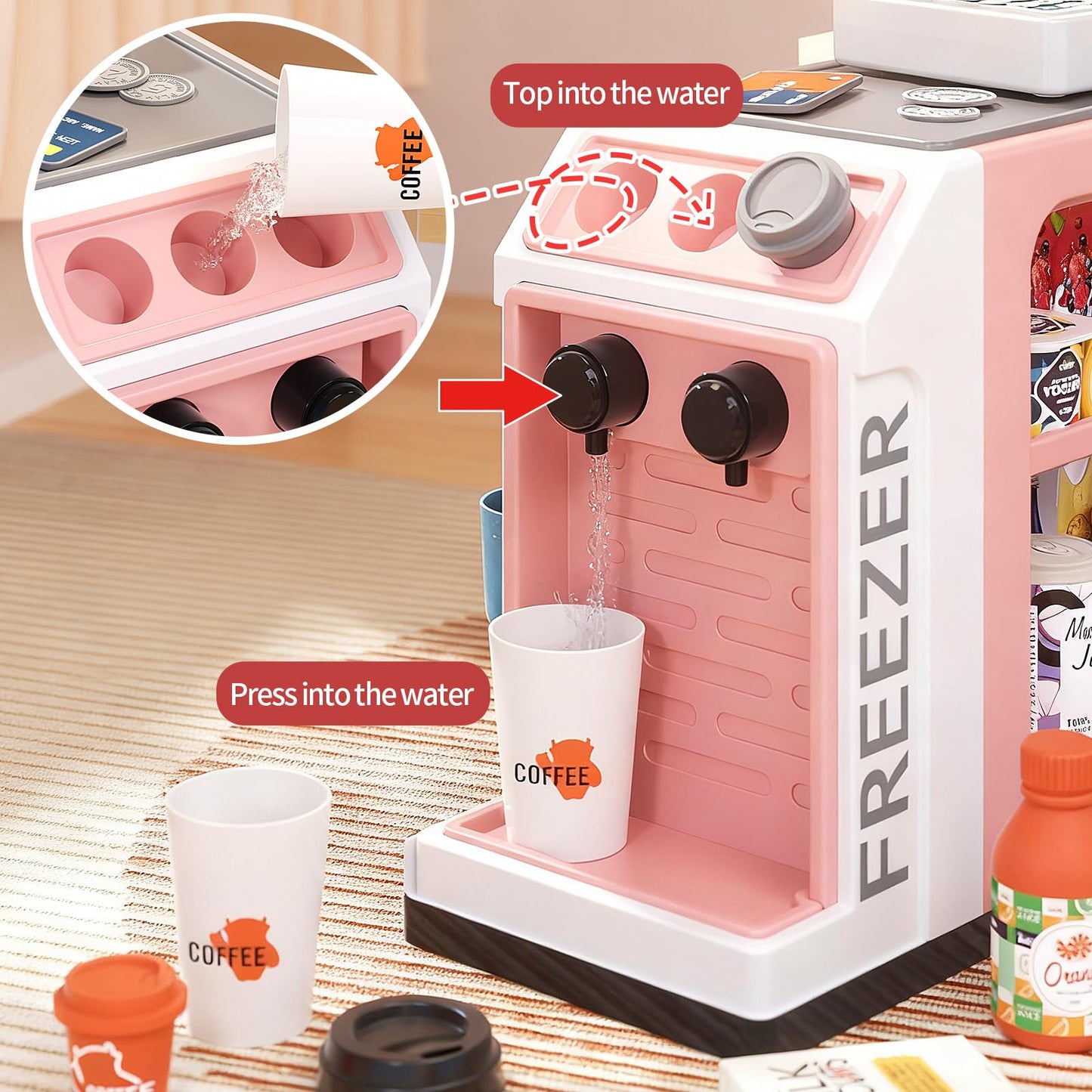 Jovow 48-Piece Pretend Play Cash Register Set with Water Outlet — 2-in-1 Grocery & Coffee Shop (Pink), Ages 3+