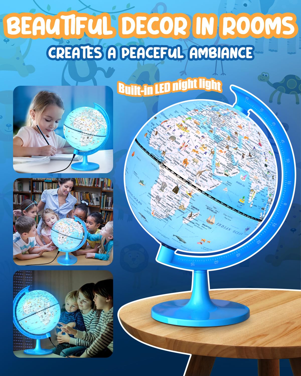 JOWHOL 8-Inch Illuminated Globe with 100+ Illustrations | LED Night Light Desk Globe for Kids