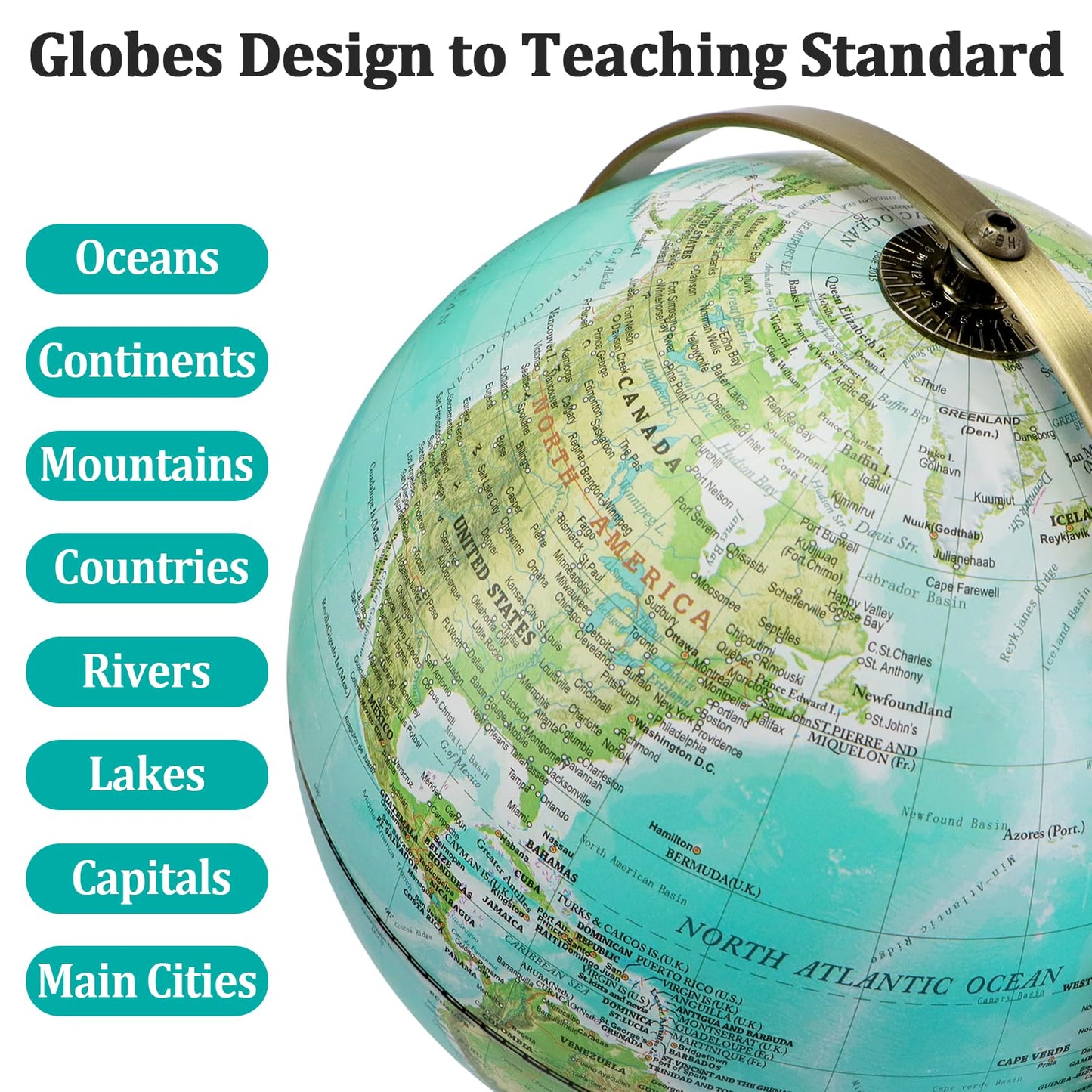 JOWHOL 8'' World Globe with Gold Stand – 720° Rotating Desk Globe for Home, Office, Classroom (Elegant Turquoise)