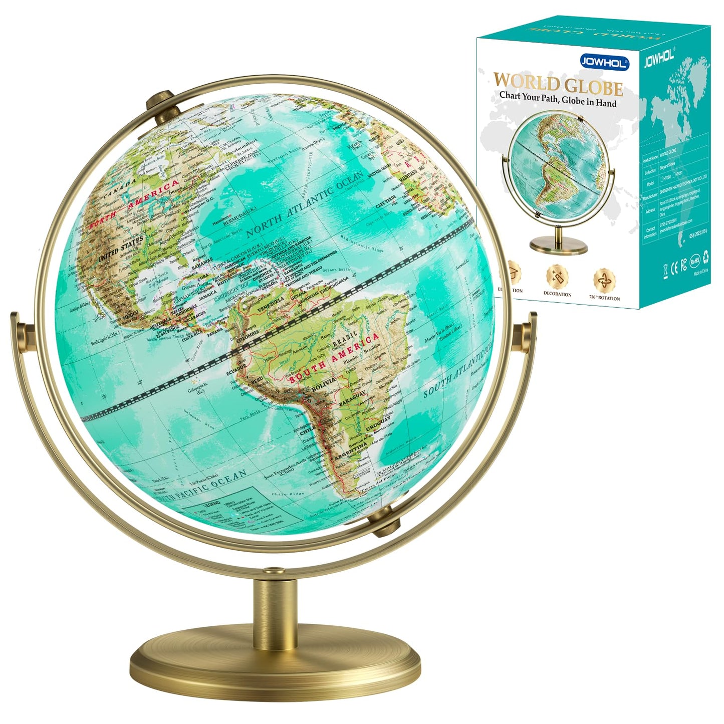 JOWHOL 8'' World Globe with Gold Stand – 720° Rotating Desk Globe for Home, Office, Classroom (Elegant Turquoise)
