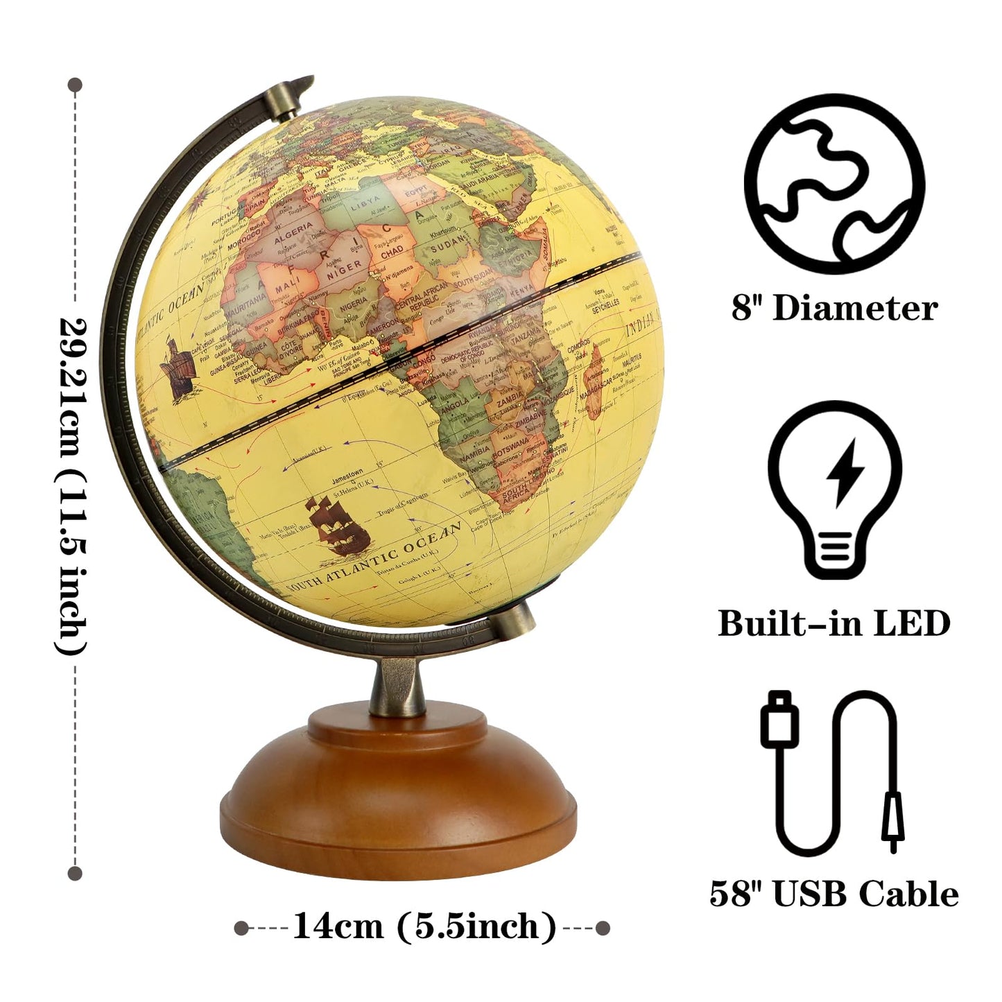 JOWHOL Illuminated 8-inch World Globe with Wood Stand – Vintage Desk Lamp & Learning Globe