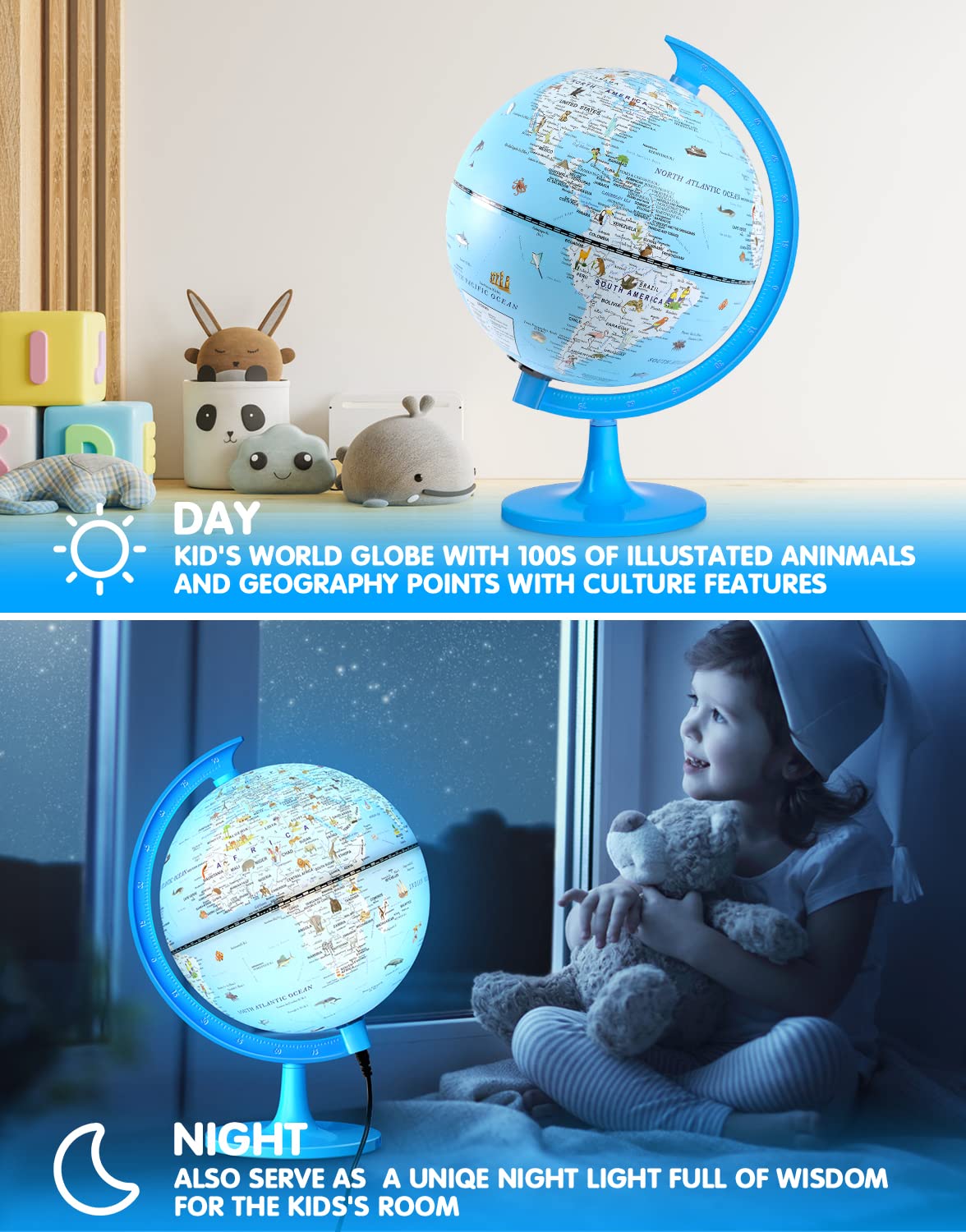 JOWHOL 8-Inch Illuminated Globe with 100+ Illustrations | LED Night Light Desk Globe for Kids