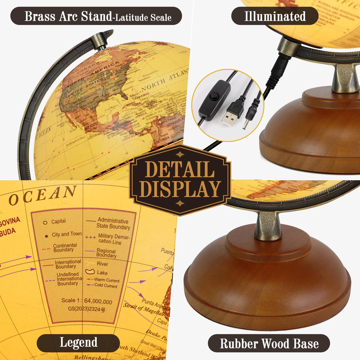 JOWHOL Illuminated 8-inch World Globe with Wood Stand – Vintage Desk Lamp & Learning Globe