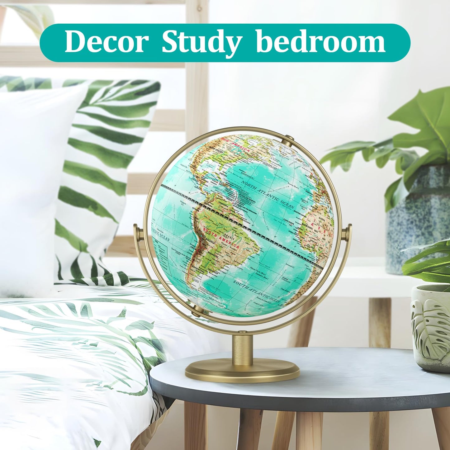 JOWHOL 8'' World Globe with Gold Stand – 720° Rotating Desk Globe for Home, Office, Classroom (Elegant Turquoise)