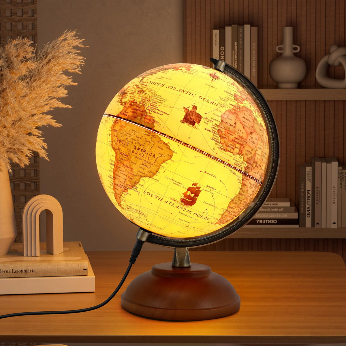 JOWHOL Illuminated 8-inch World Globe with Wood Stand – Vintage Desk Lamp & Learning Globe
