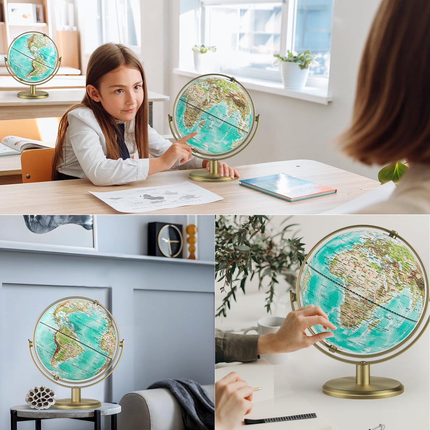 JOWHOL 8'' World Globe with Gold Stand – 720° Rotating Desk Globe for Home, Office, Classroom (Elegant Turquoise)