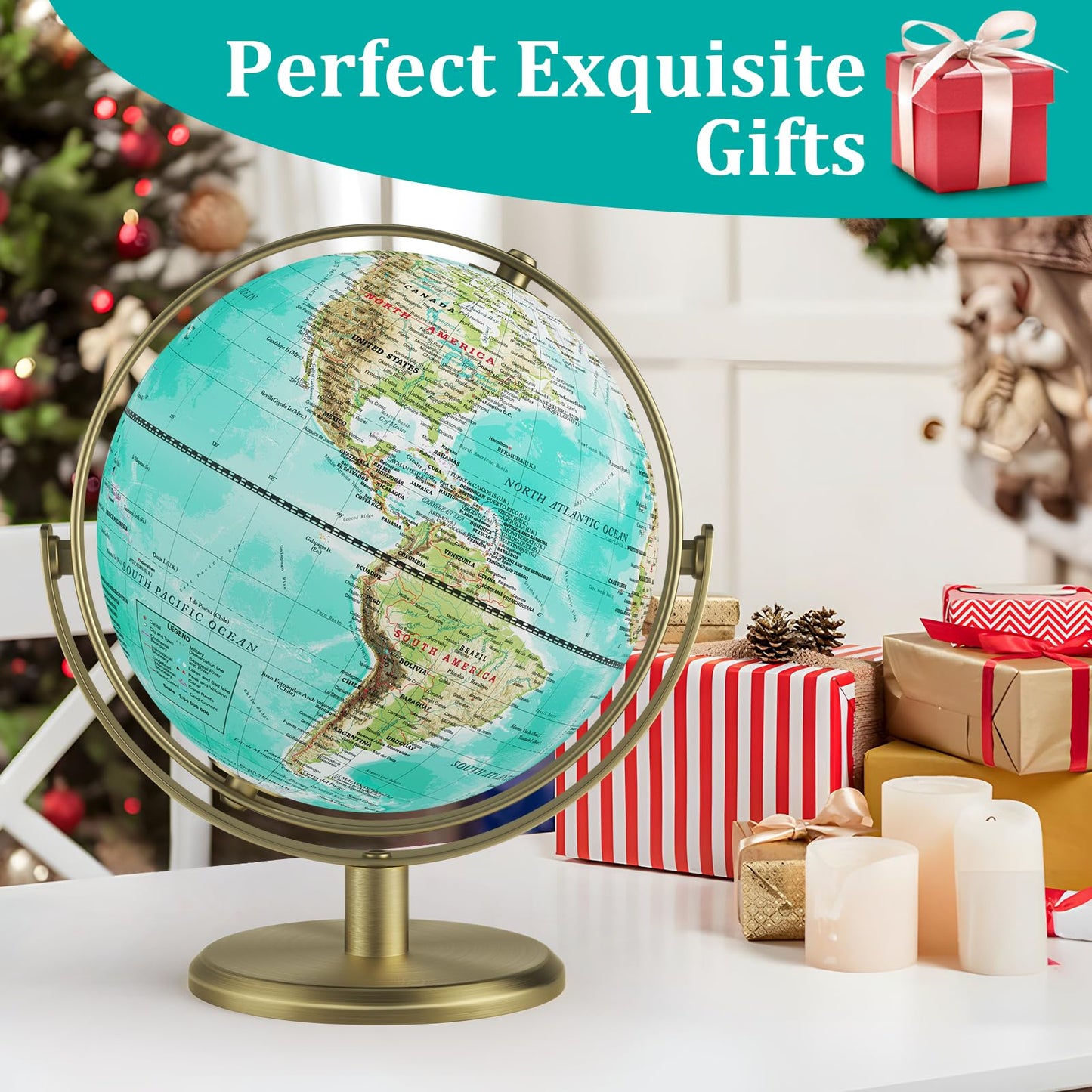 JOWHOL 8'' World Globe with Gold Stand – 720° Rotating Desk Globe for Home, Office, Classroom (Elegant Turquoise)