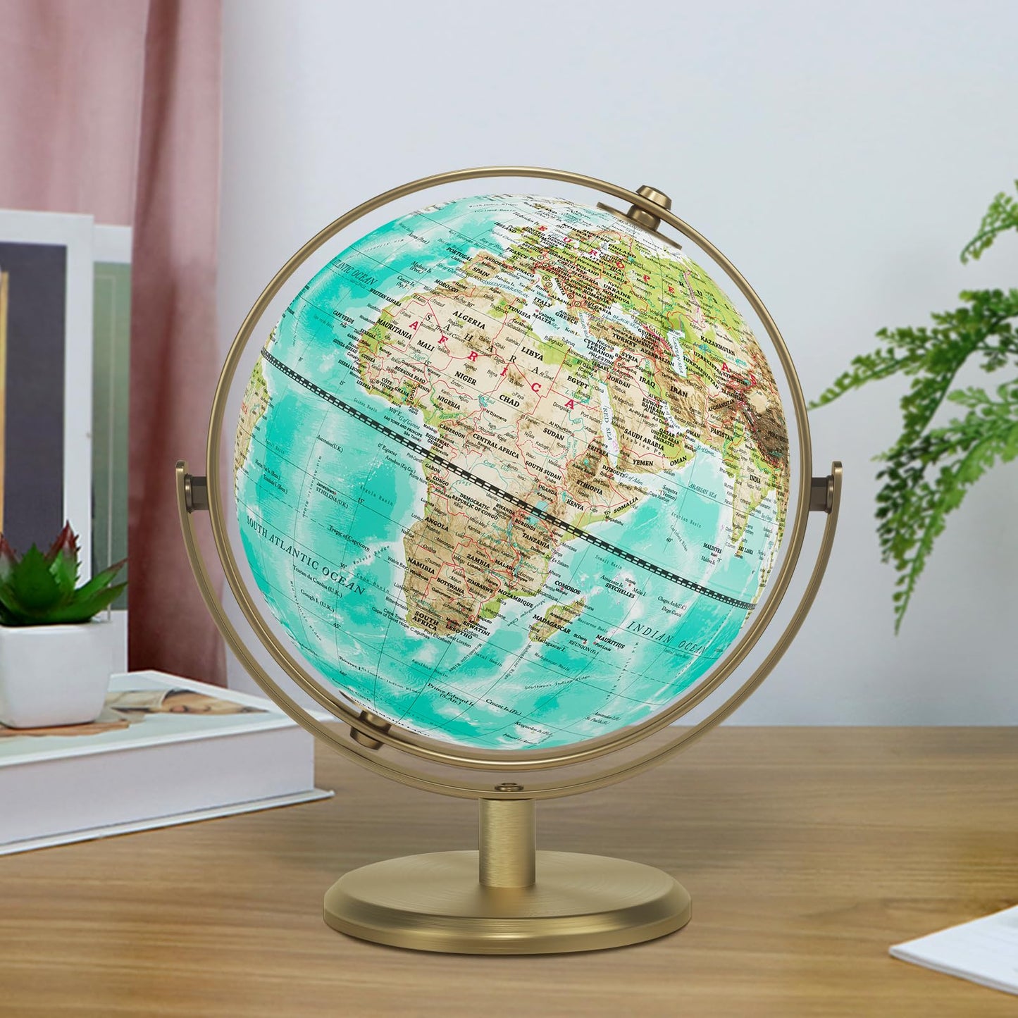 JOWHOL 8'' World Globe with Gold Stand – 720° Rotating Desk Globe for Home, Office, Classroom (Elegant Turquoise)