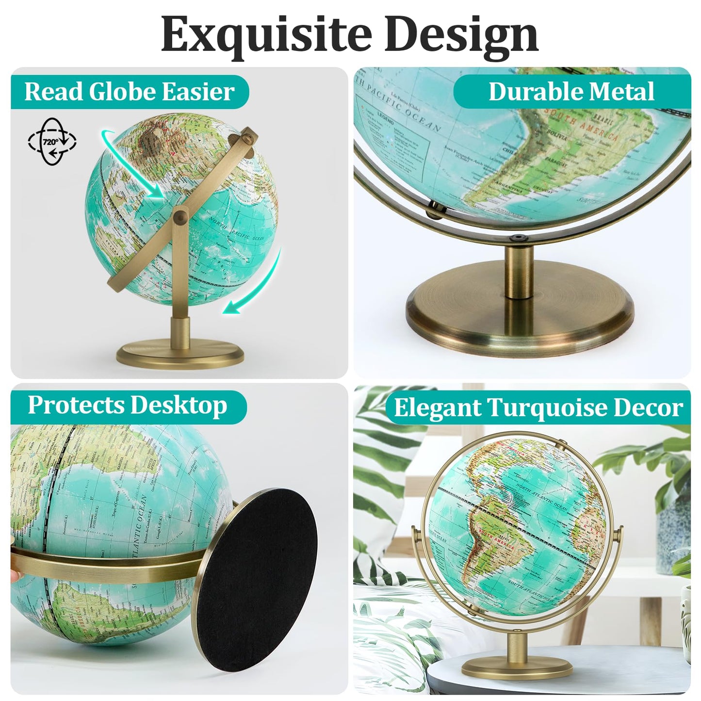 JOWHOL 8'' World Globe with Gold Stand – 720° Rotating Desk Globe for Home, Office, Classroom (Elegant Turquoise)