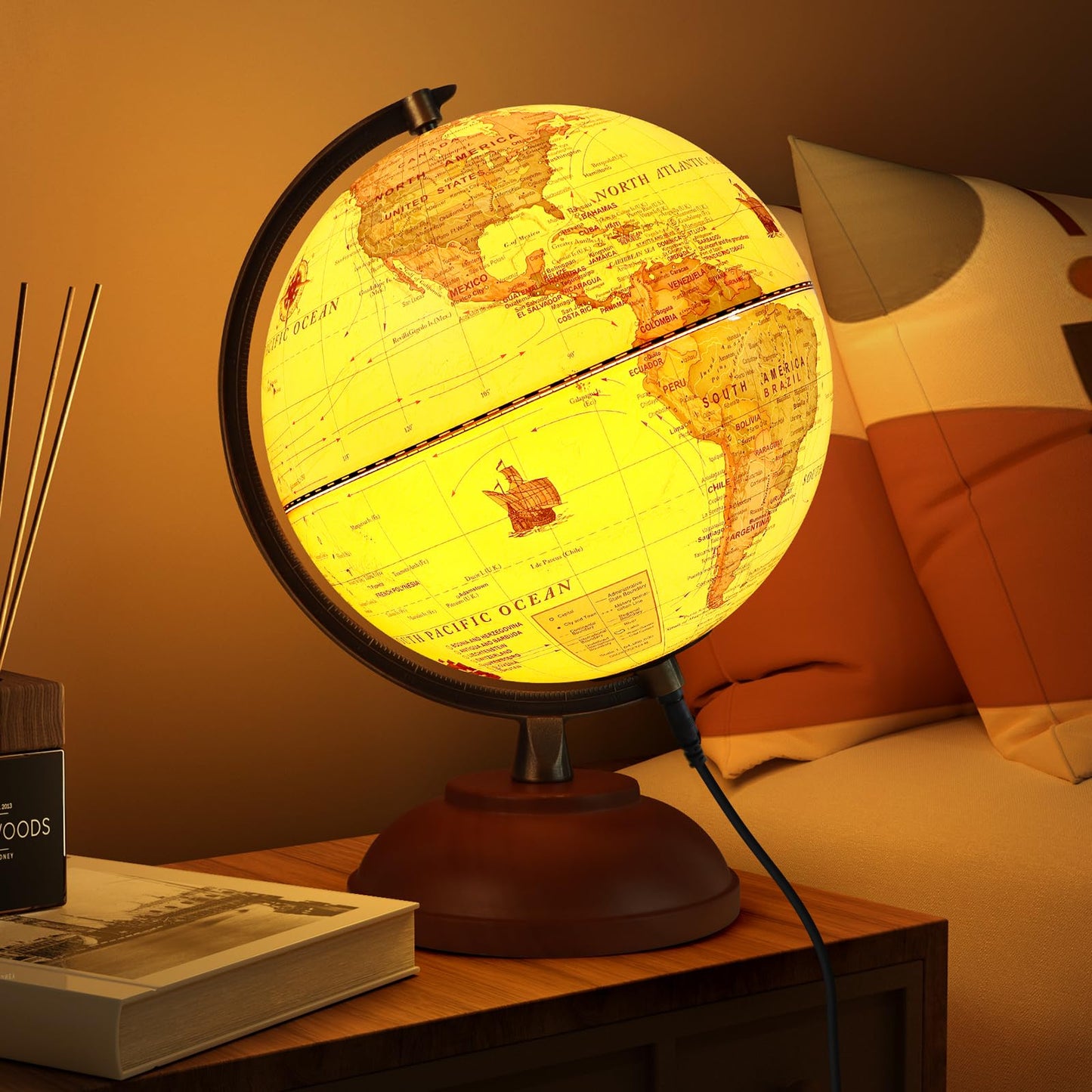 JOWHOL Illuminated 8-inch World Globe with Wood Stand – Vintage Desk Lamp & Learning Globe
