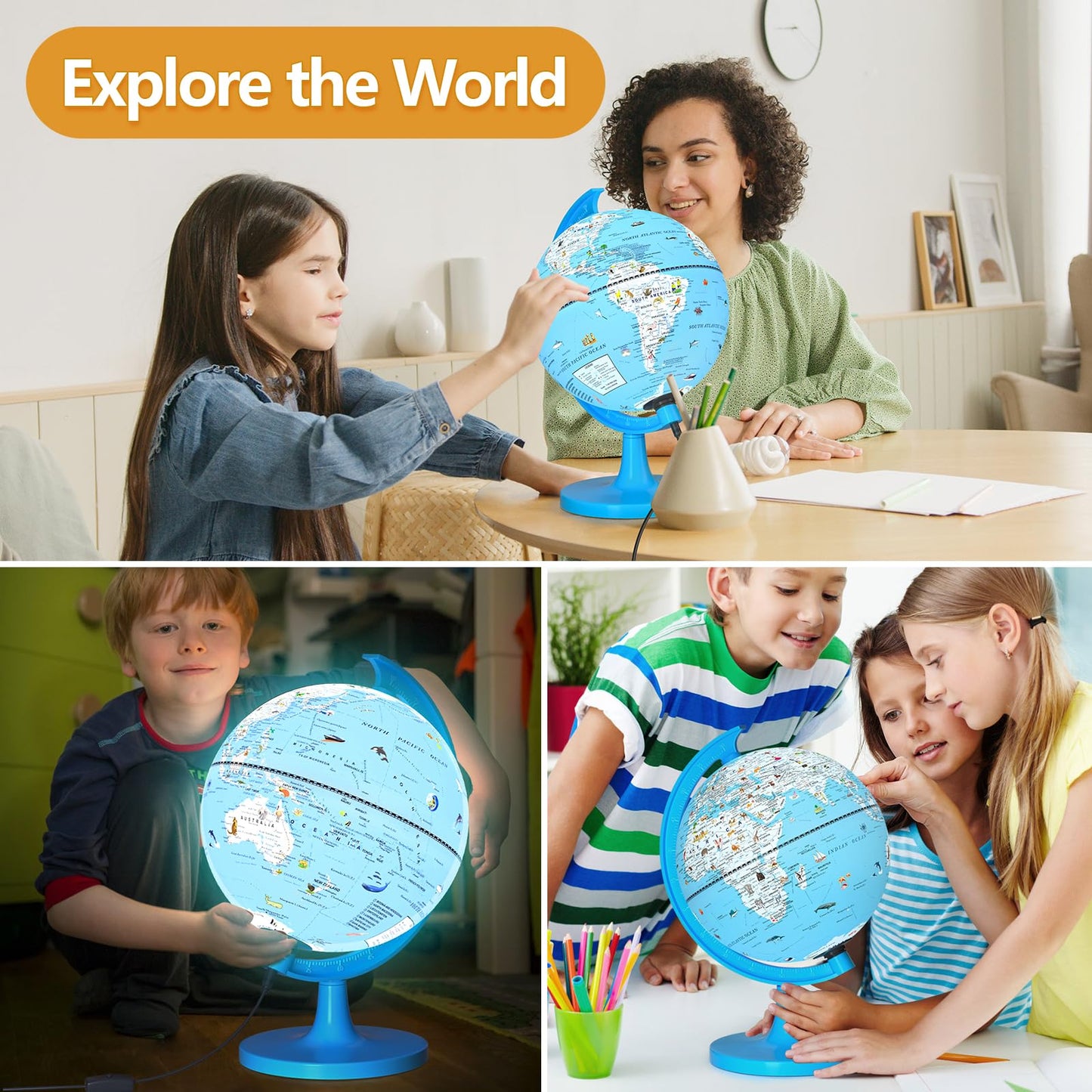 JOWHOL 8-Inch Illuminated Globe with 100+ Illustrations | LED Night Light Desk Globe for Kids