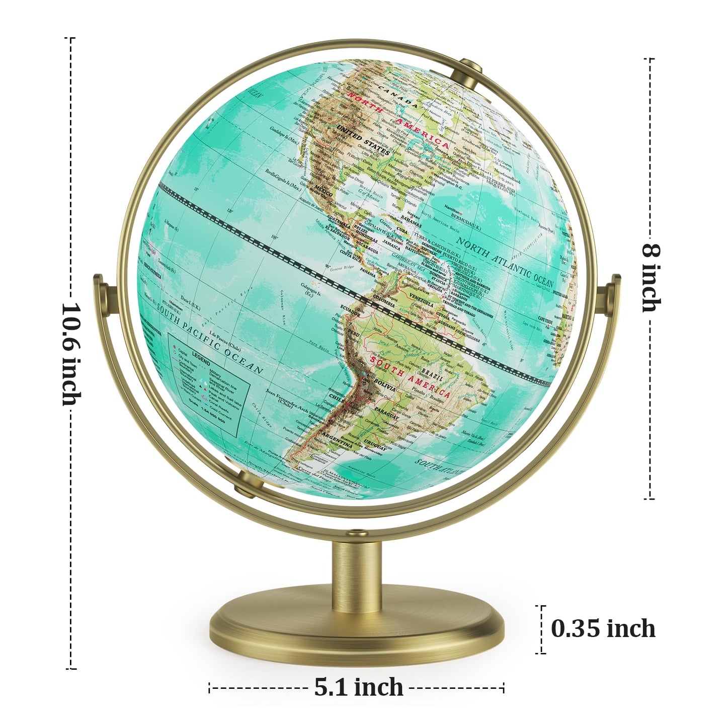 JOWHOL 8'' World Globe with Gold Stand – 720° Rotating Desk Globe for Home, Office, Classroom (Elegant Turquoise)