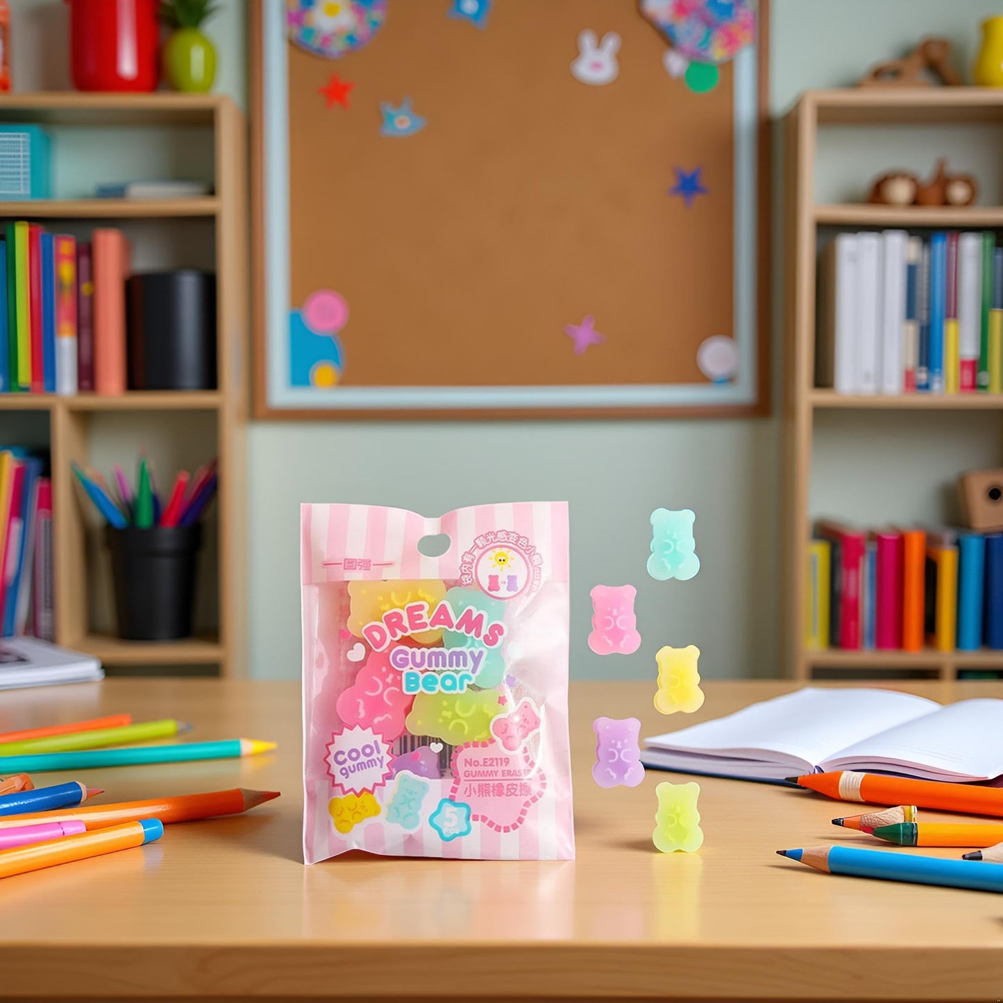 Jowxsx 5 Cute Gummy Bear Erasers for Kids - Colorful Cartoon Bear Pencil Erasers