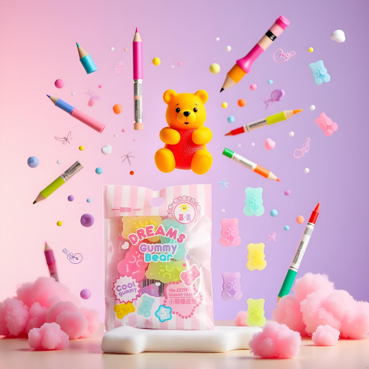 Jowxsx 5 Cute Gummy Bear Erasers for Kids - Colorful Cartoon Bear Pencil Erasers