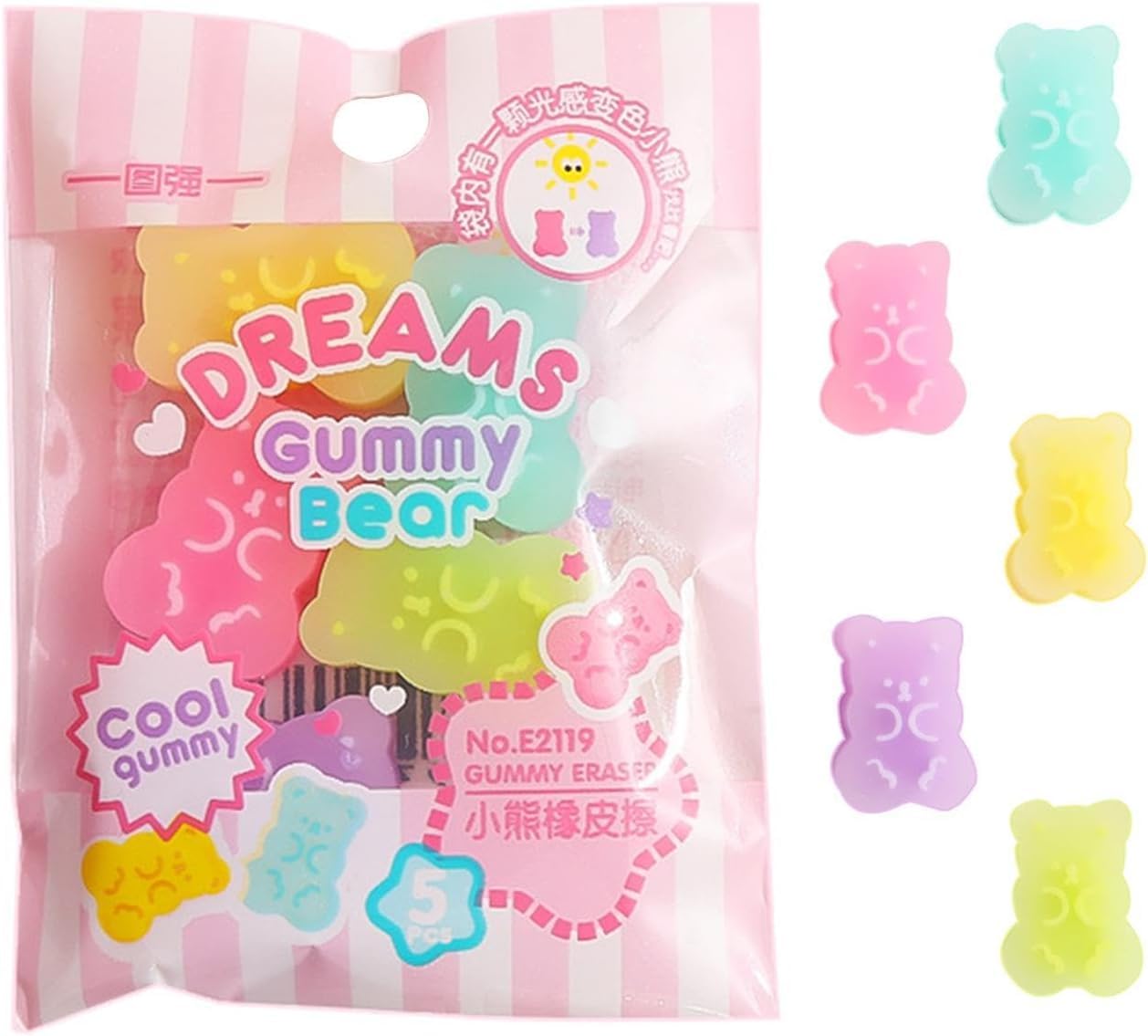 Jowxsx 5 Cute Gummy Bear Erasers for Kids - Colorful Cartoon Bear Pencil Erasers