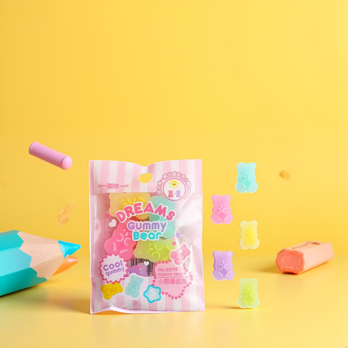 Jowxsx 5 Cute Gummy Bear Erasers for Kids - Colorful Cartoon Bear Pencil Erasers