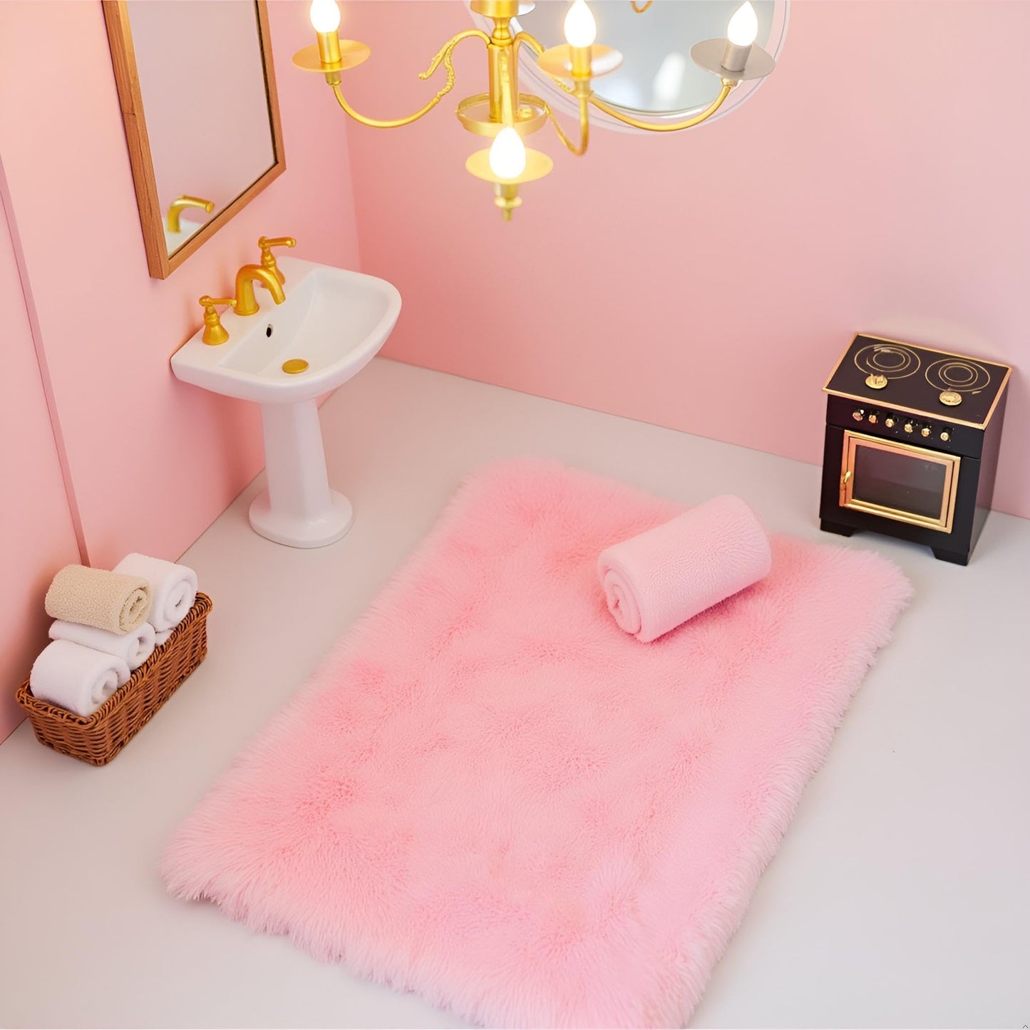 Jowxsx Pink Dollhouse Carpet – Fluffy Mini Rug for 1/12, 1/8, 1/6 Scale (Square S)