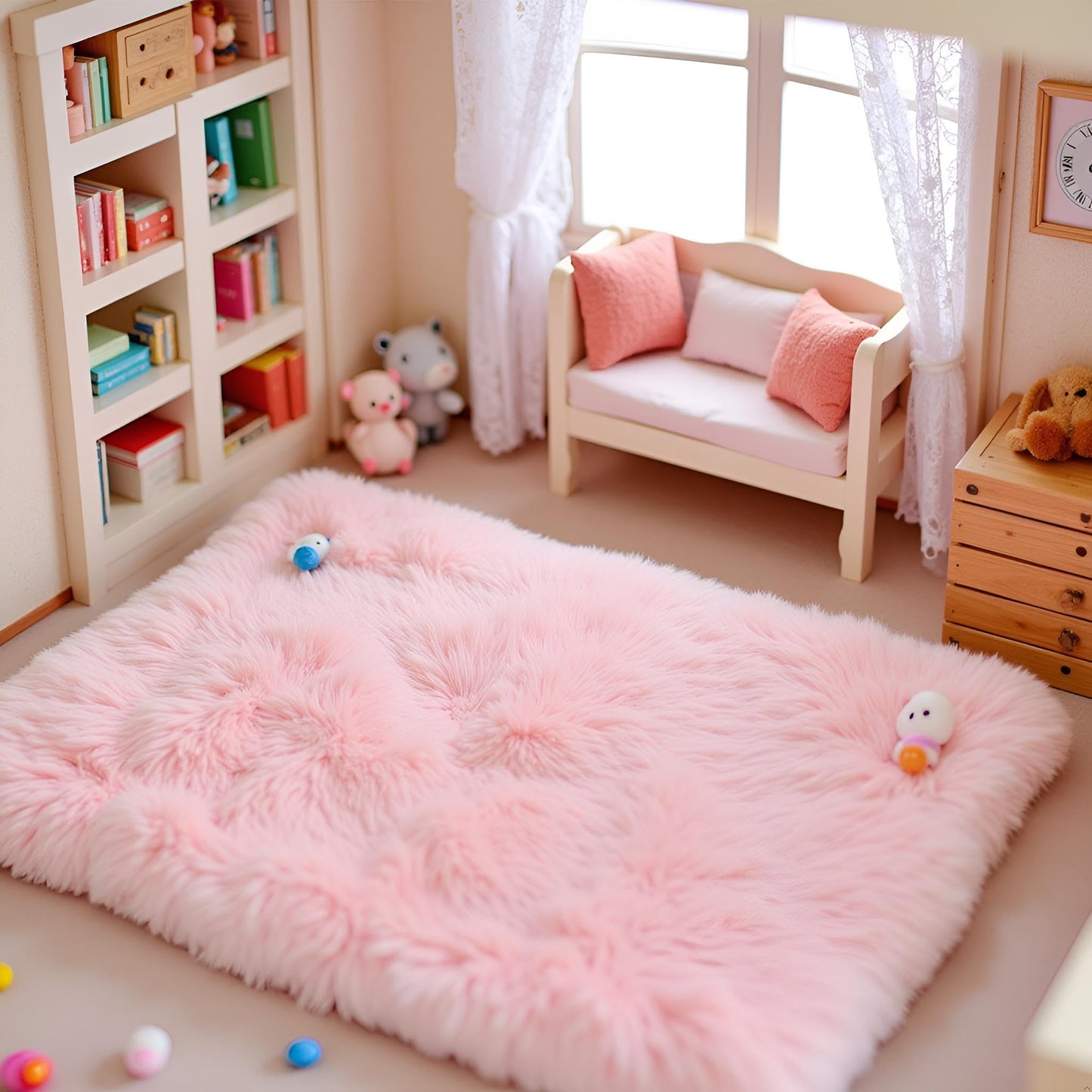 Jowxsx Pink Dollhouse Carpet – Fluffy Mini Rug for 1/12, 1/8, 1/6 Scale (Square S)