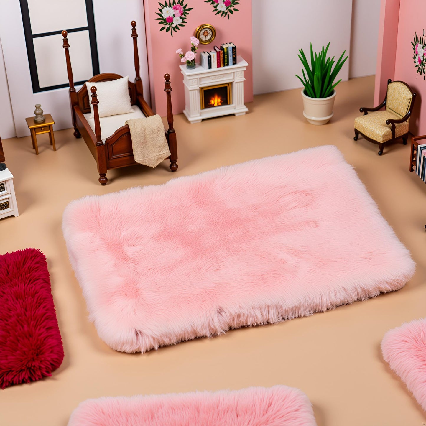 Jowxsx Pink Dollhouse Carpet – Fluffy Mini Rug for 1/12, 1/8, 1/6 Scale (Square S)