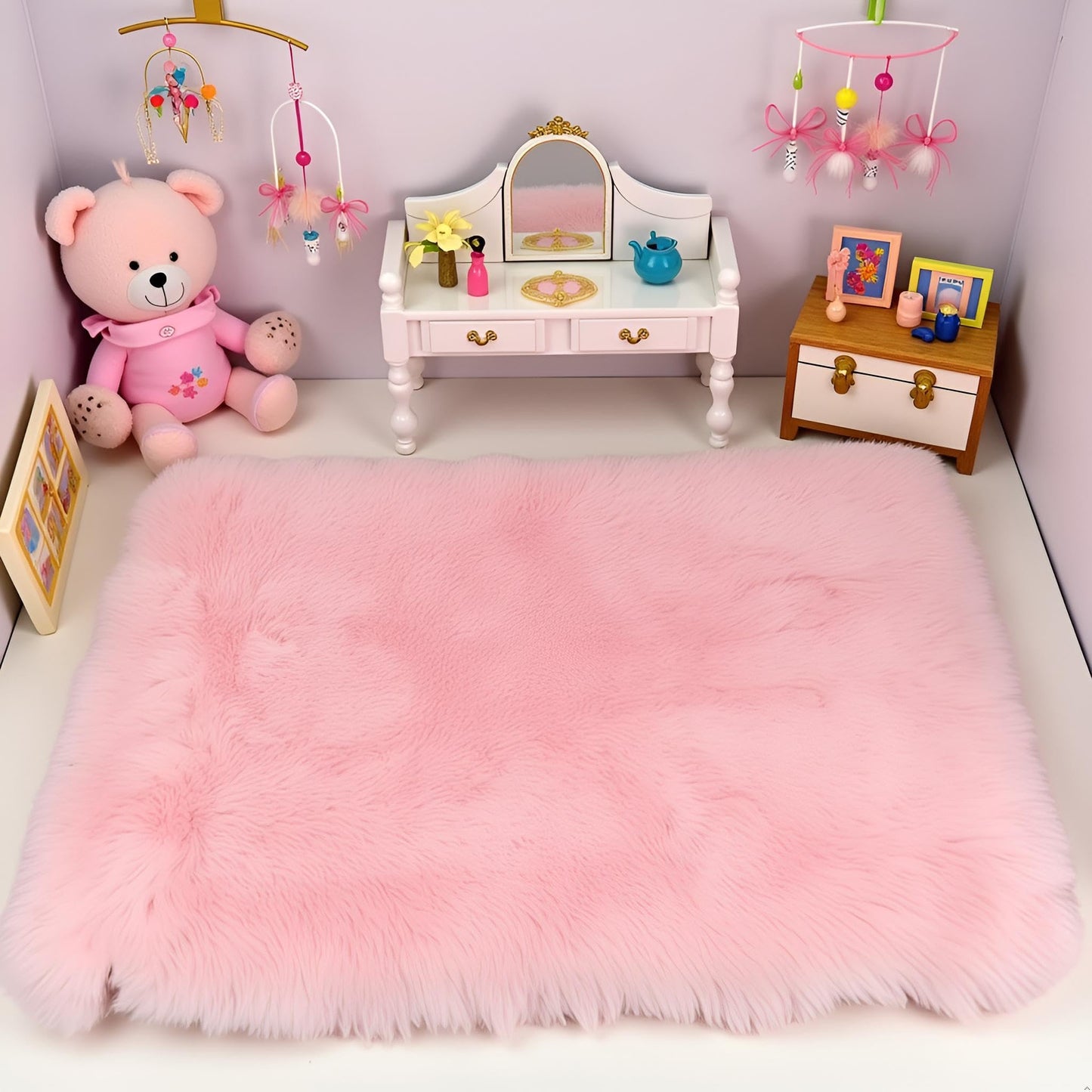 Jowxsx Pink Dollhouse Carpet – Fluffy Mini Rug for 1/12, 1/8, 1/6 Scale (Square S)