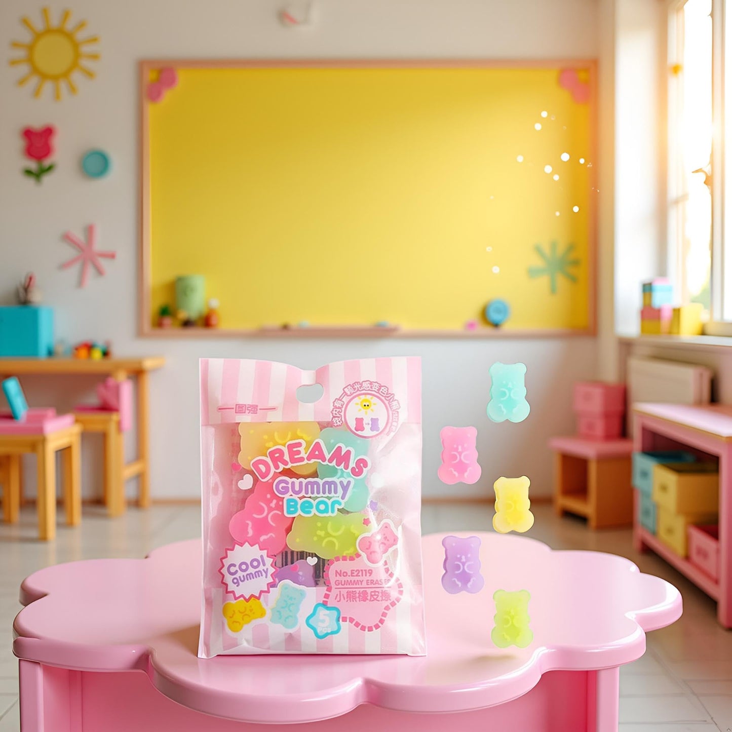 Jowxsx 5 Cute Gummy Bear Erasers for Kids - Colorful Cartoon Bear Pencil Erasers