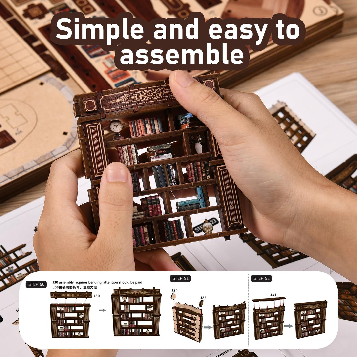 Joxvizx DIY Miniature Book Nook Kit with LED Light – 3D Wooden Puzzle Craft