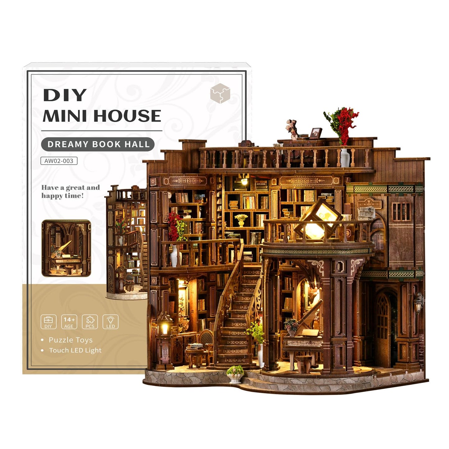 Joxvizx DIY Miniature Book Nook Kit with LED Light – 3D Wooden Puzzle Craft