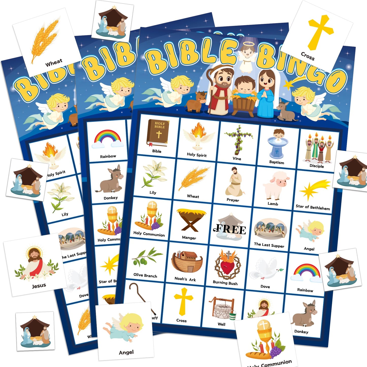 Joy Bang Bible Bingo Games for Kids – 24 Cards, 385 Chips, 2 Calling Cards | Sunday School & Holiday Activities
