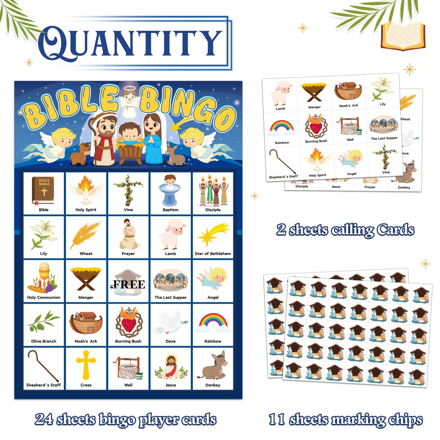 Joy Bang Bible Bingo Games for Kids – 24 Cards, 385 Chips, 2 Calling Cards | Sunday School & Holiday Activities