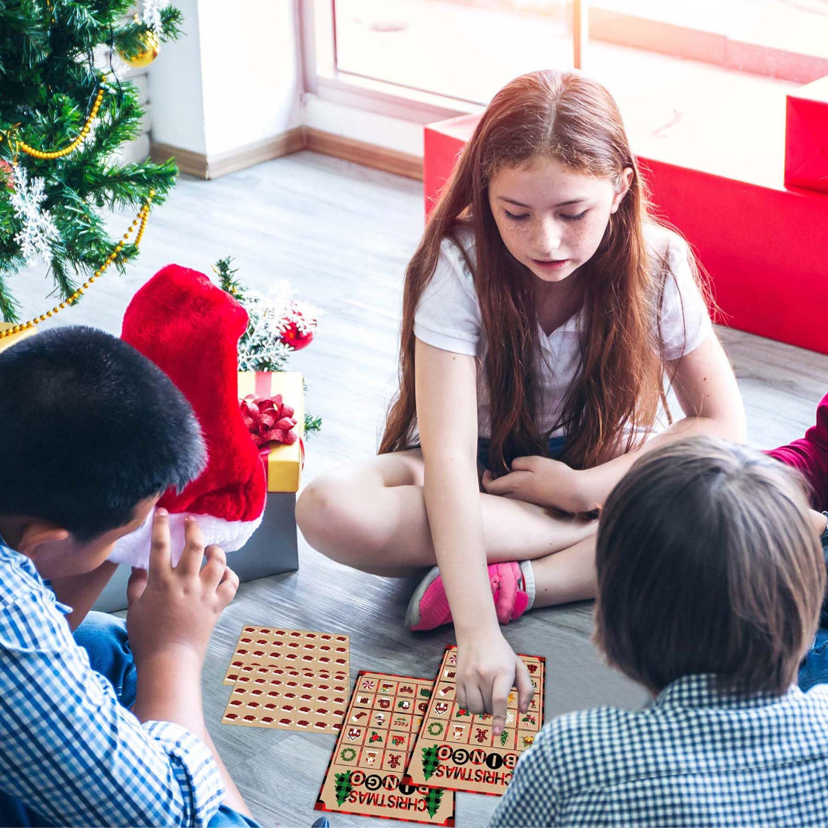 Joy Bang Christmas Bingo Games for Kids — 24 Cards, 385 Chips, 2 Callers for Family & Classroom Fun