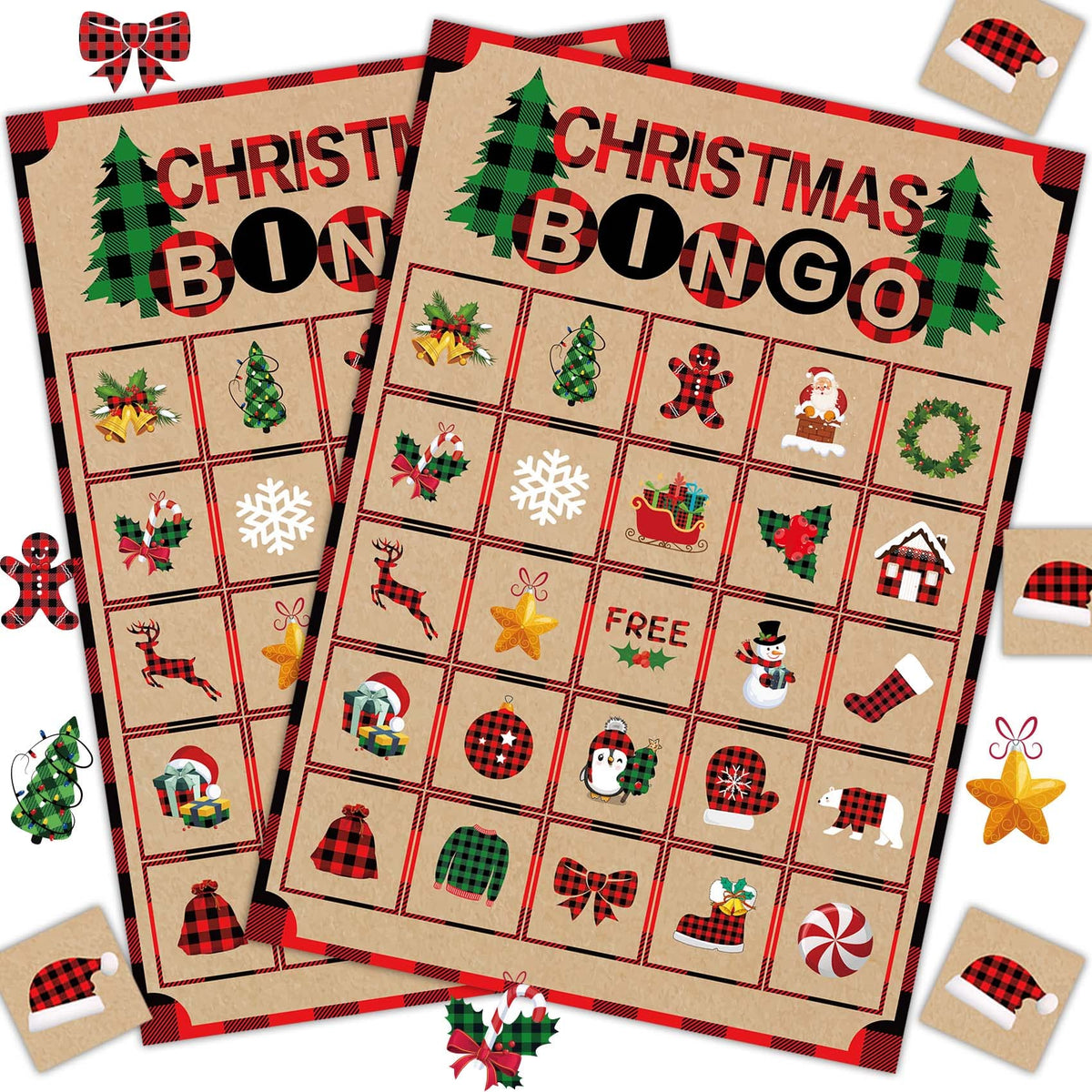 Joy Bang Christmas Bingo Games for Kids — 24 Cards, 385 Chips, 2 Callers for Family & Classroom Fun