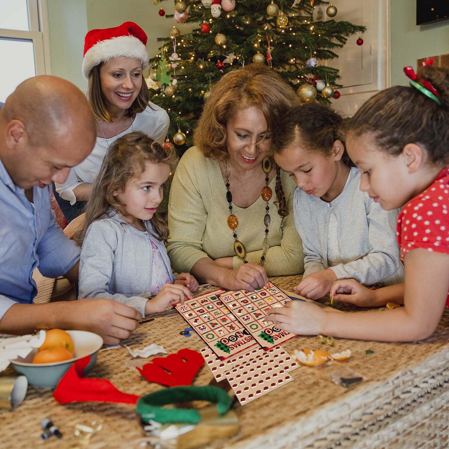 Joy Bang Christmas Bingo Games for Kids — 24 Cards, 385 Chips, 2 Callers for Family & Classroom Fun