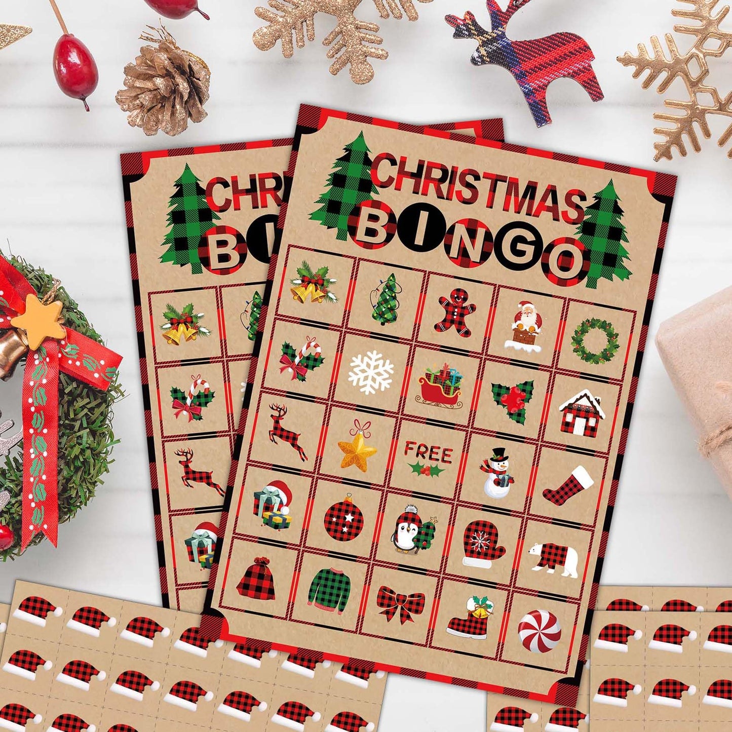 Joy Bang Christmas Bingo Games for Kids — 24 Cards, 385 Chips, 2 Callers for Family & Classroom Fun