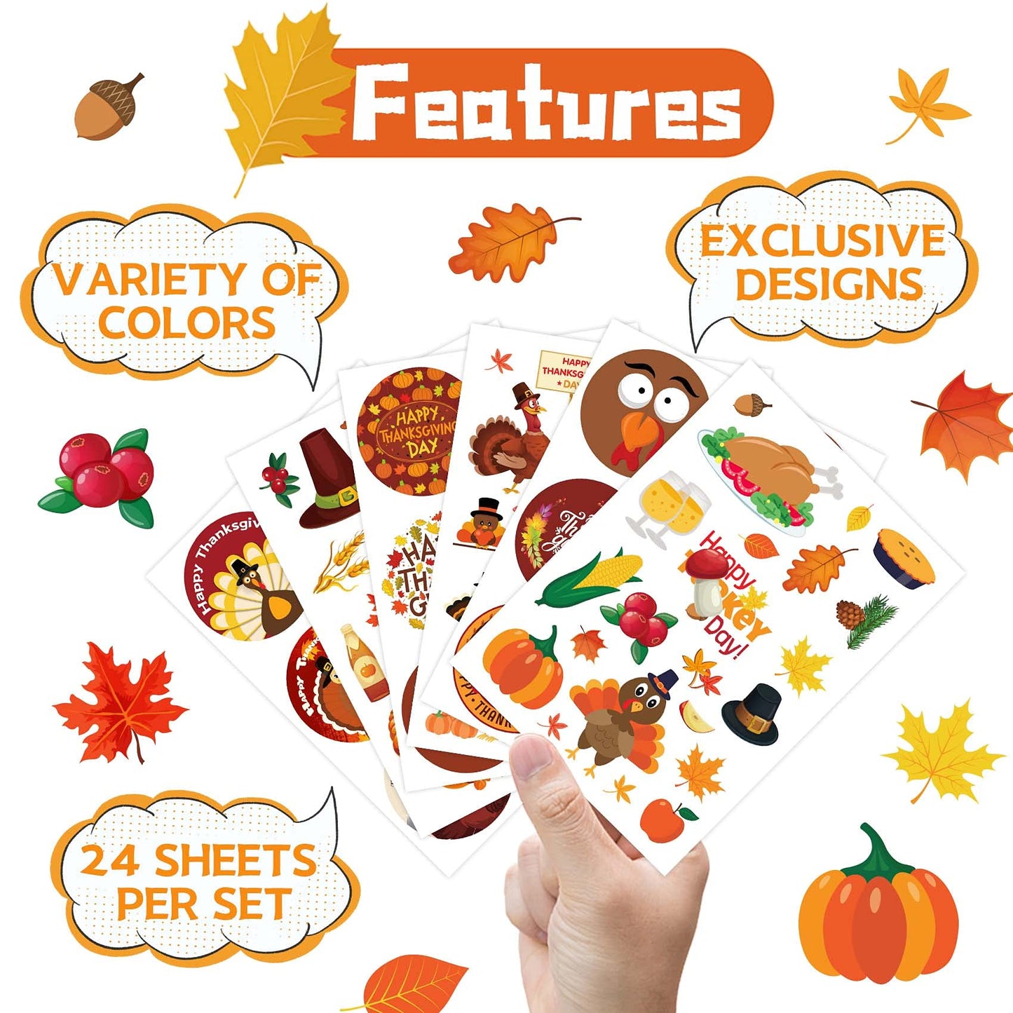 Joy Bang 300 PCS Thanksgiving Stickers for Kids — 24 Sheets Turkey Crafts & Party Favors