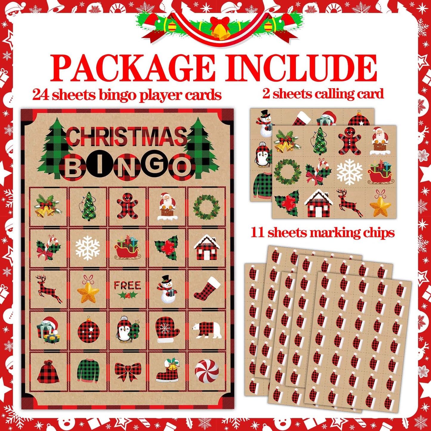 Joy Bang Christmas Bingo Games for Kids — 24 Cards, 385 Chips, 2 Callers for Family & Classroom Fun