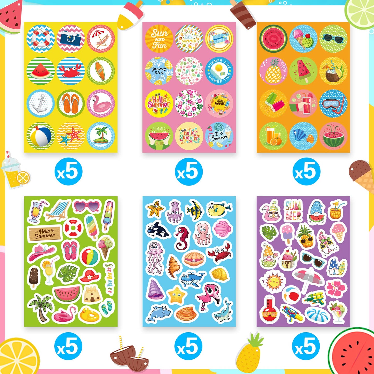 Joy Bang 500 Pcs Summer Stickers for Kids | Beach, Ocean & Hawaiian Themes
