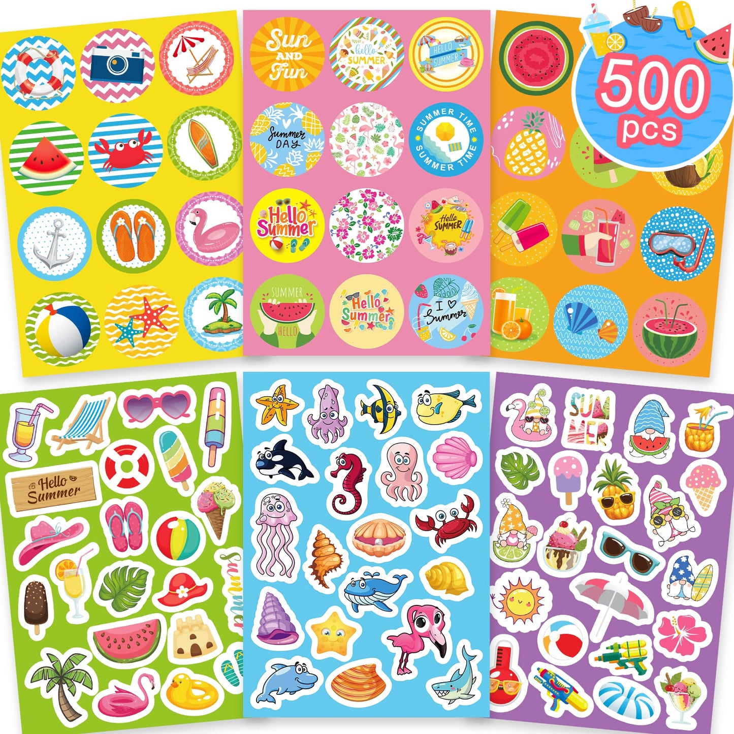 Joy Bang 500 Pcs Summer Stickers for Kids | Beach, Ocean & Hawaiian Themes