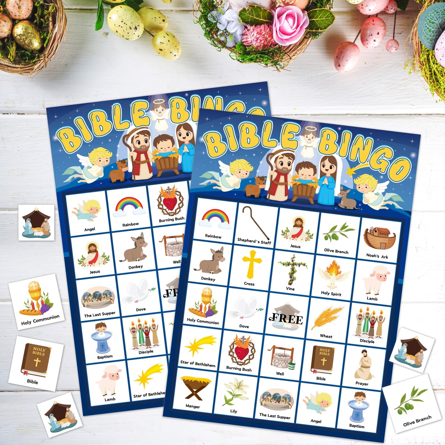 Joy Bang Bible Bingo Games for Kids – 24 Cards, 385 Chips, 2 Calling Cards | Sunday School & Holiday Activities