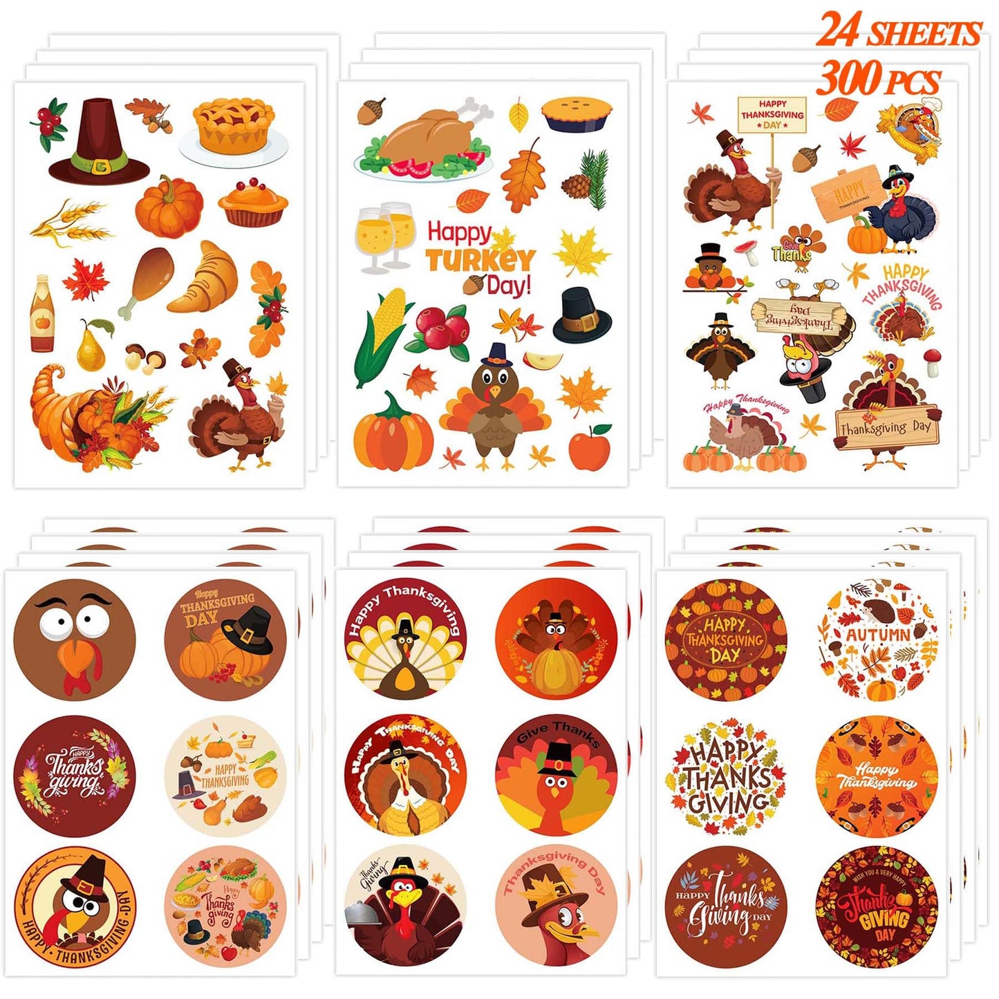 Joy Bang 300 PCS Thanksgiving Stickers for Kids — 24 Sheets Turkey Crafts & Party Favors