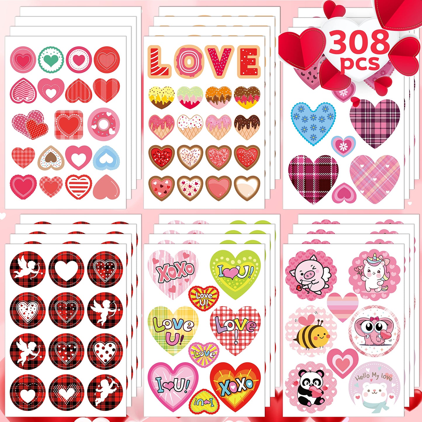 Joy Bang Valentines Stickers for Kids – 308 Pcs, Heart & Love Sticker Pack for Crafts, Gifts & Party Favors