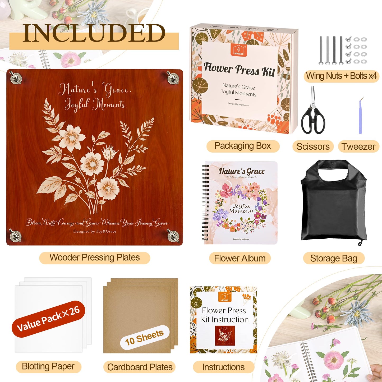 Joy&Grace Large Flower Press Kit – 10.9 x 10.9-Inch, 10-Layer Press with Album