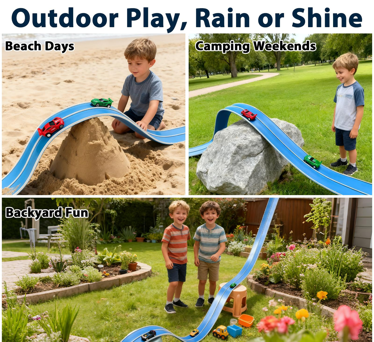 JOYANDRO 15 Ft Flexible Race Track – Daytona Blue, Portable Roll-Up Track with 4 Cars (Hot Wheels Compatible)