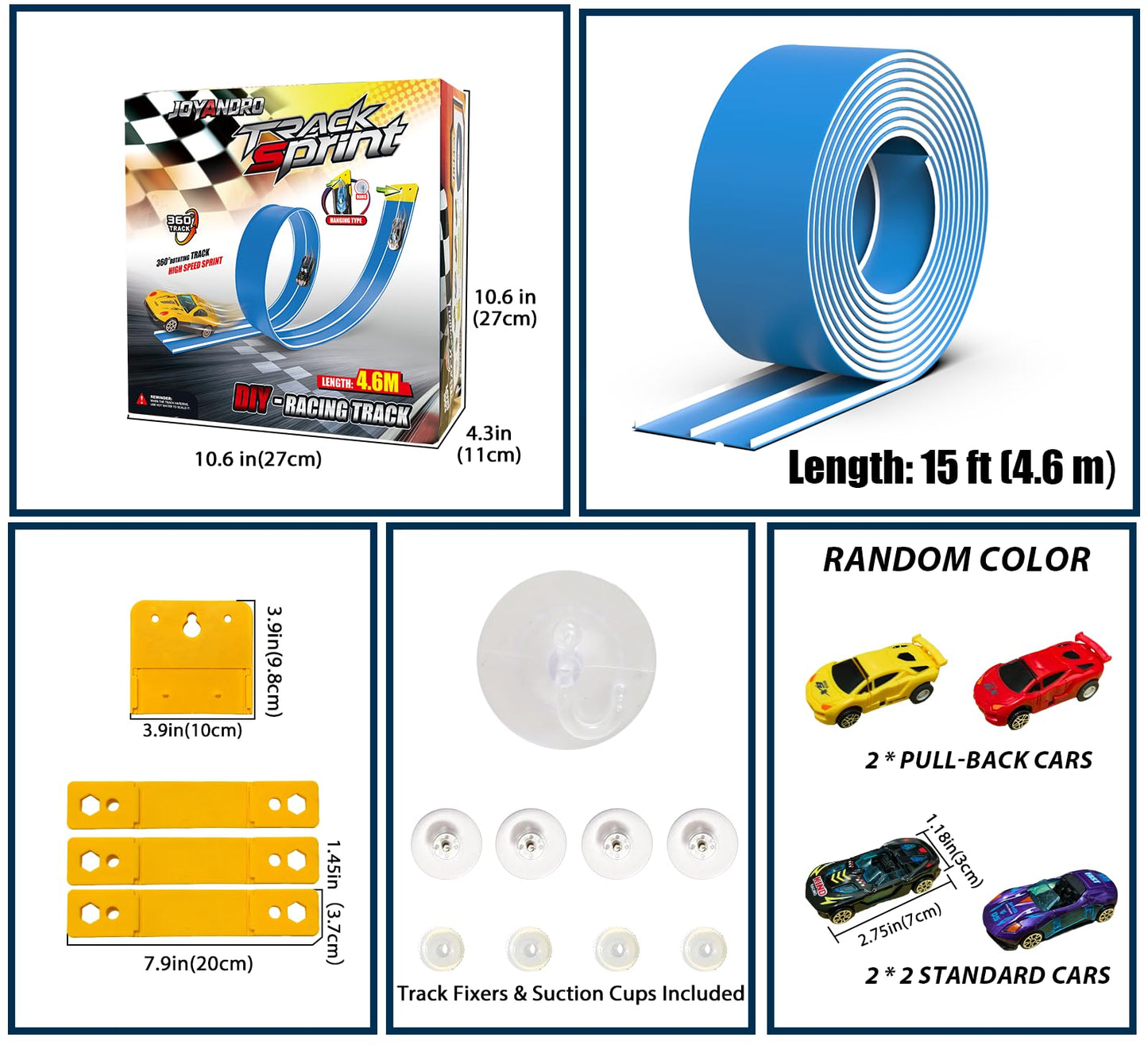 JOYANDRO 15 Ft Flexible Race Track – Daytona Blue, Portable Roll-Up Track with 4 Cars (Hot Wheels Compatible)