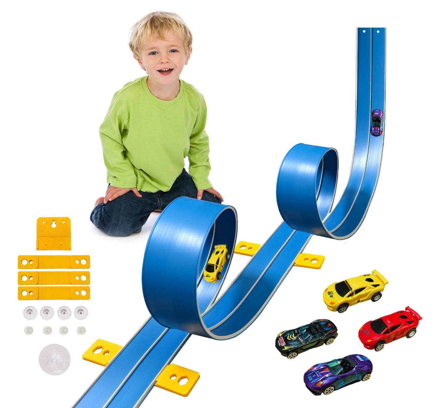 JOYANDRO 15 Ft Flexible Race Track – Daytona Blue, Portable Roll-Up Track with 4 Cars (Hot Wheels Compatible)