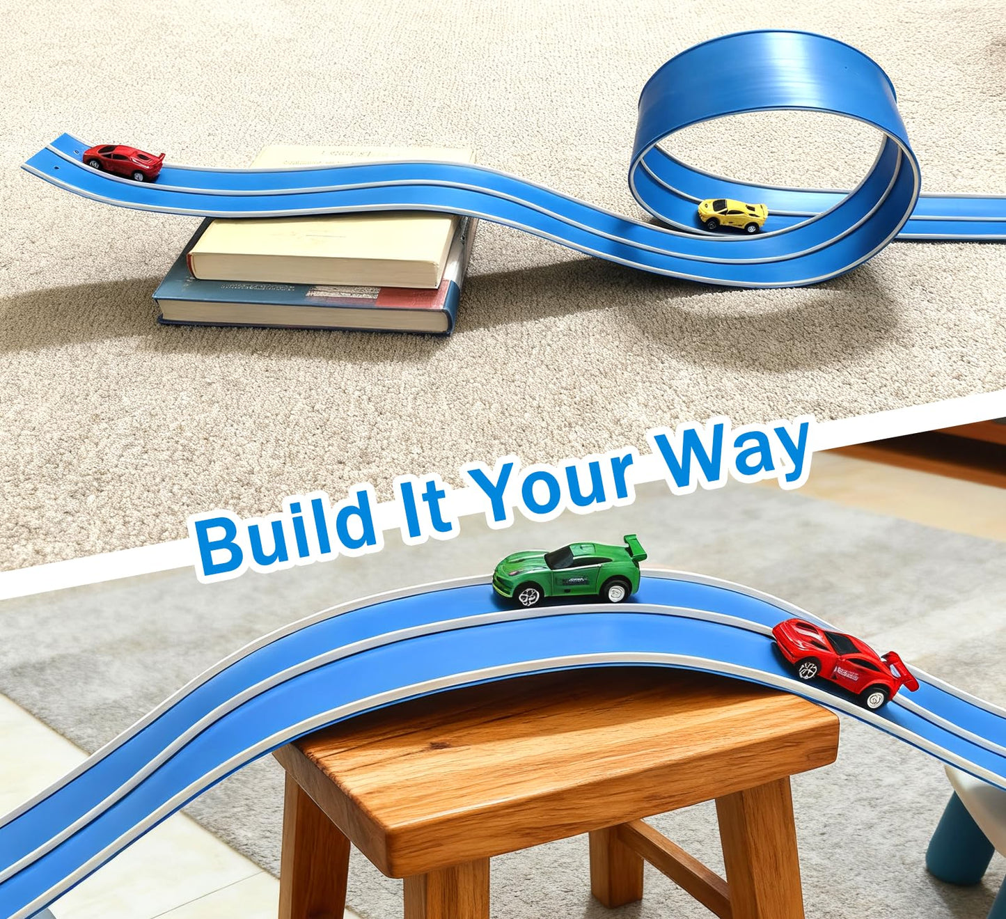 JOYANDRO 15 Ft Flexible Race Track – Daytona Blue, Portable Roll-Up Track with 4 Cars (Hot Wheels Compatible)