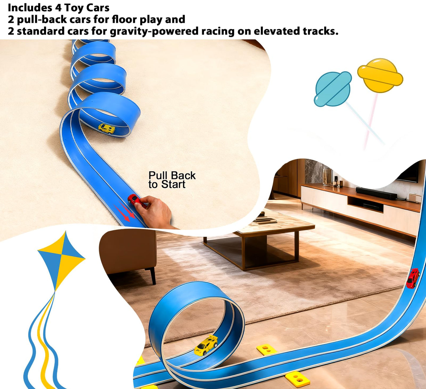 JOYANDRO 15 Ft Flexible Race Track – Daytona Blue, Portable Roll-Up Track with 4 Cars (Hot Wheels Compatible)