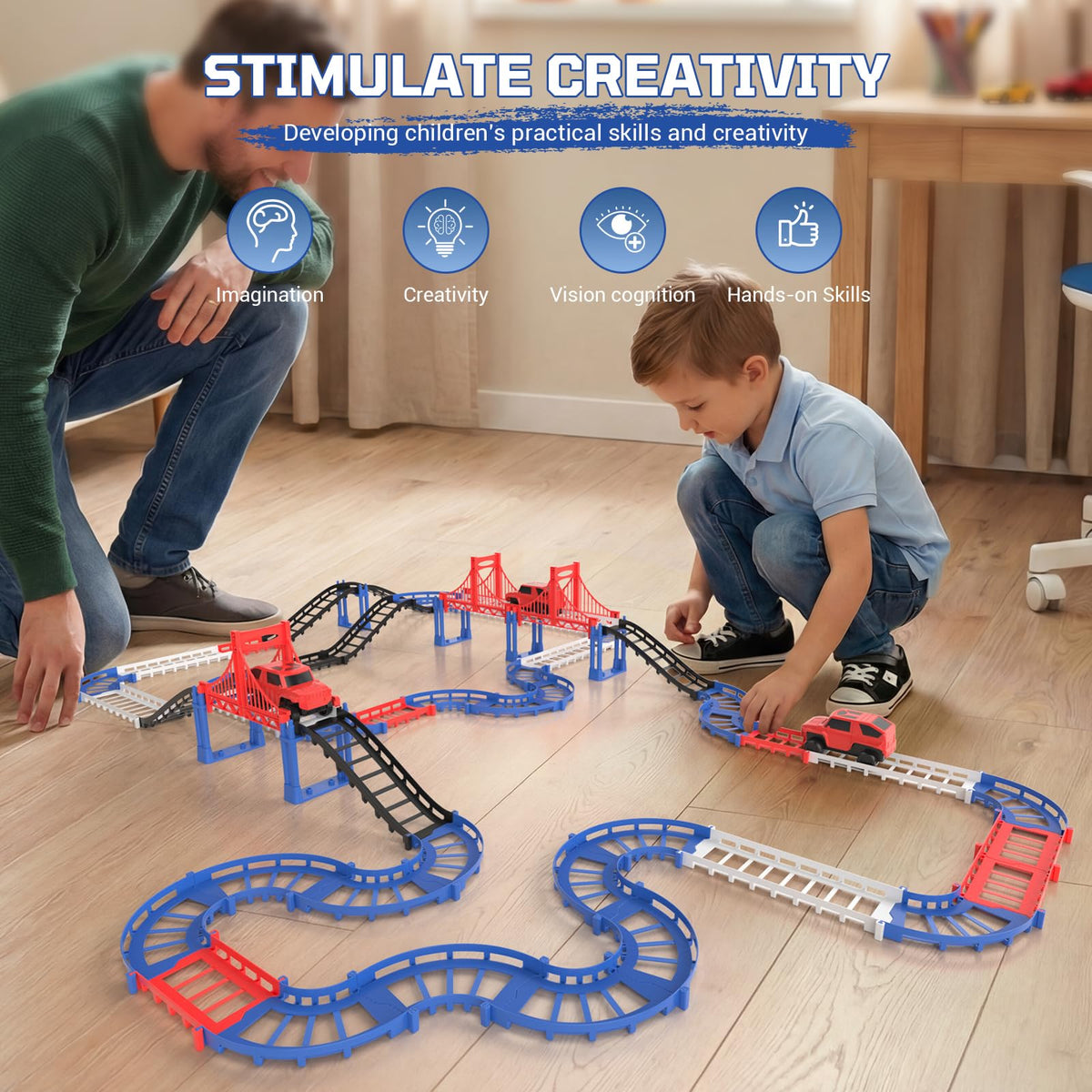 JOYBLI DIY Construction Race Track Set – 24-Piece Battery-Powered Car & Bridge Track for Kids 6-8