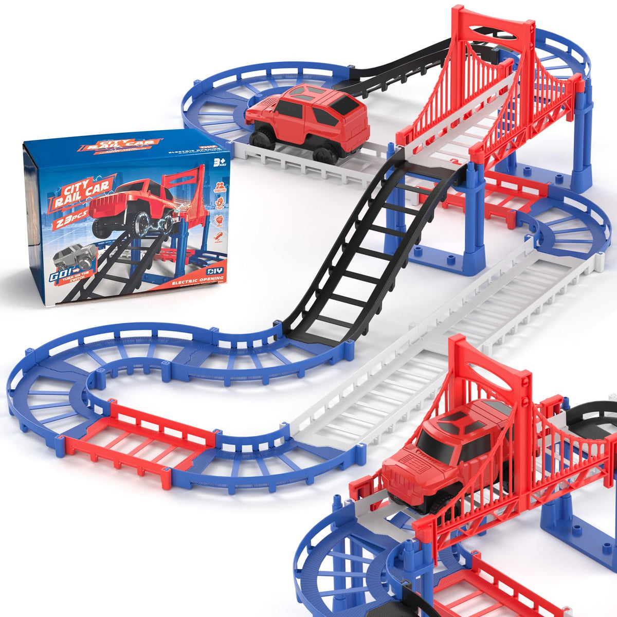 JOYBLI DIY Construction Race Track Set – 24-Piece Battery-Powered Car & Bridge Track for Kids 6-8