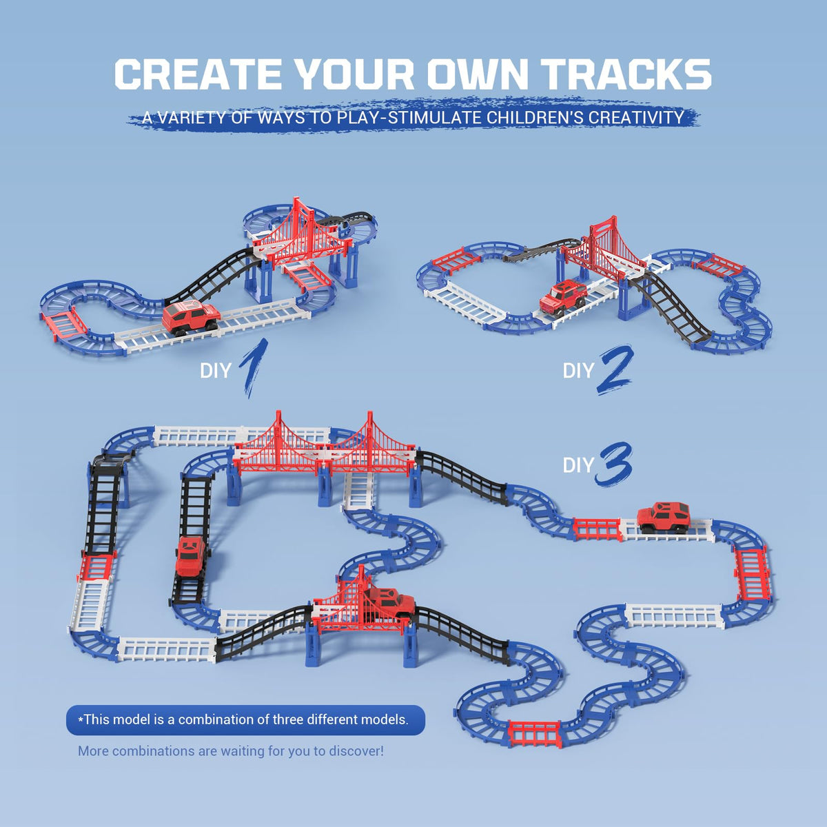 JOYBLI DIY Construction Race Track Set – 24-Piece Battery-Powered Car & Bridge Track for Kids 6-8